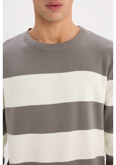 DeFacto Standart Fit Bisiklet Yaka Çizgili Triko Kazak D1968AX24AUGR308