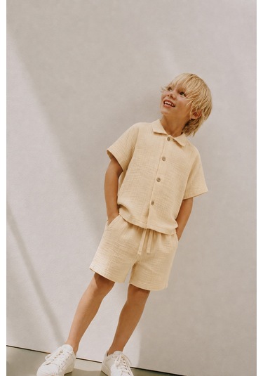 Magu Erkek Çocuk Pamuklu Bej Müslin Gömlek Şort Takım