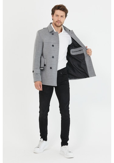 Mero Life Erkek Açık Gri Kemerli Kaşe Kaban Trenç Model Açık Gri