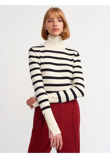 Dilvin Balıkçı Yaka Çizgili Droplu Kazak Krem 001
