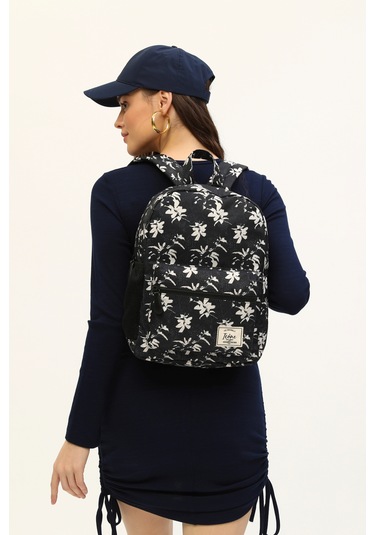 Icone Siyah Çiçek Baskılı Sırt Çantası Siyah