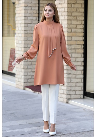 Işıltı Taş Detaylı Büyük Beden Tesettür Takım Camel