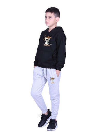 Kapüşonlu Kanguru Cepli California Baskılı Erkek Çocuk Eşofman Takımı Siyah - Gri