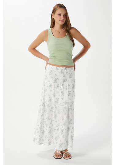 Kadın Rebekka Çiçekli Haki Astarlı Uzun Etek 17639 Beyazhaki Çok Renkli