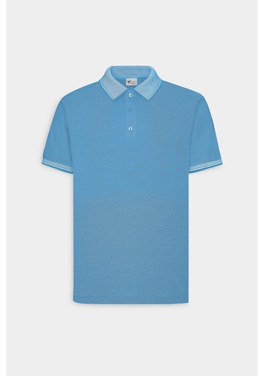 Ac&Co / Altınyıldız Classics 4A4820200047Sabm Düğmeli Polo Yaka Cepsiz Slim Fit Erkek Tişört Saks Mavisi - Beyaz Saks Mavi
