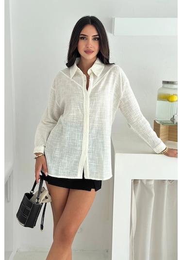 Asprin Fashion Pamuk Keten File Dantel Detaylı Gömlek Beyaz