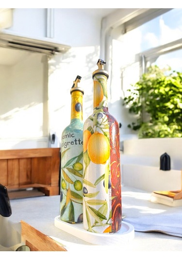 El Yapımı Limon & Zeytin Desenli Cam Yağdanlık & Sirkelik Seti Şık Mutfak Dekoru & Özel Ev Hediyes Beyaz - Kırmızı - Sarı