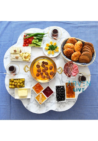 Arvenlive Mermer Desenli Ahşap Katlanabilir Papatya Yer Sofrası (467864187)