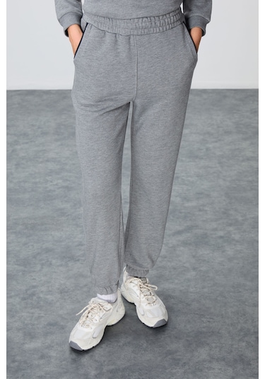 Tommy Life Gri Melanj Kompakt Pamuklu Kalın Pürüzsüz Dokulu Dik Yaka Oversize Fit Kadın Eşofman Takım - 95342 GRİ MELANJ
