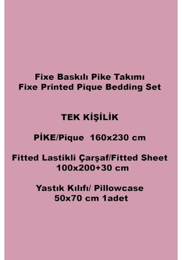 Fine Pembe Tek Kişilik Pike Takımı %100 Pamuk, Lastikli Çarşaflı Pembe