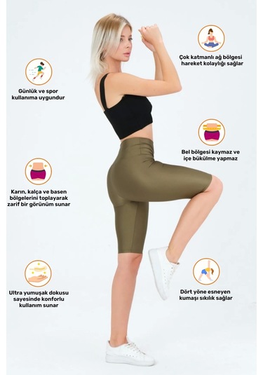 Enenstyle Fashıon Boutıque Yeni Sezon Özel Üretim Toparlayıcı Yüksek Bel Parlak Kumaş Iç Göstermeyen Dizüstü Spor Tayt Haki