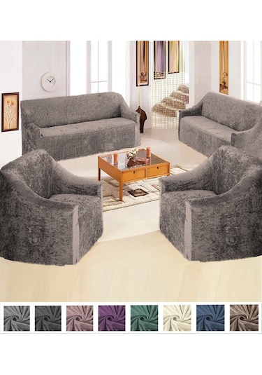 Upmall Kadife 3+3+1+1 Lastikli Kanepe Örtüsü Koltuk Örtüsü Vizon