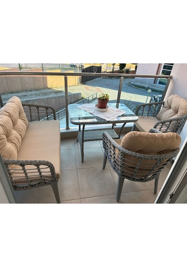 Tu Tienda Kartepe 2 1 1 Rattan Bahçe Balkon Takimi,bej Kumaş/gri Rattan Örgü Bej