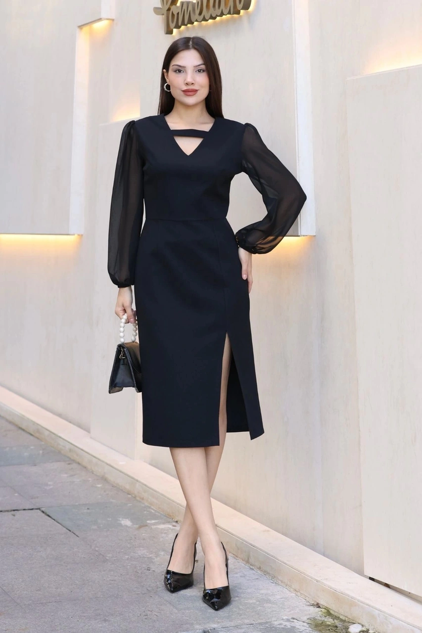 V Yaka Şifon Kollu Yırtmaçlı Midi Elbise 6015-siyah Siyah