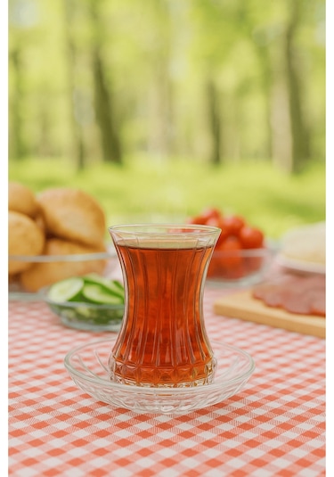 12 Parça Bakara Dekor Kesme Çay Seti - Özel Yapım Çay Bardak Tabak Şeffaf