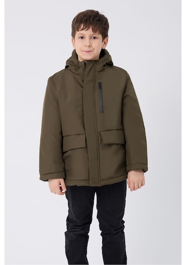 Kız Çocuk Haki İçi Kürklü Su Ve Rüzgar Geçirmez Kapüşonlu 3 Cep Kışlık Mont & Kaban & Parka Haki