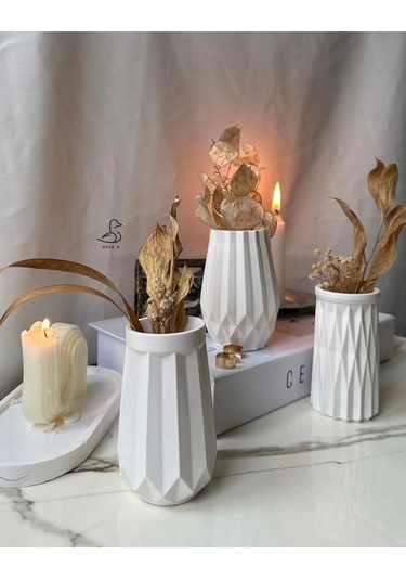 Geometrik Desenli Vazo Set 6 Lı 12 Cm Beyaz