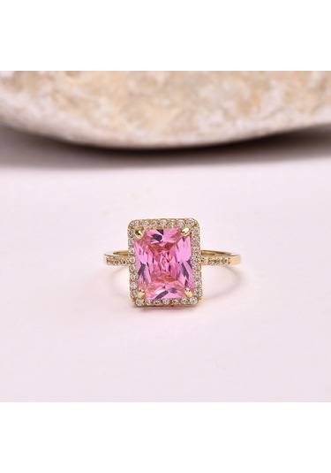 14 Ayar Altın Tektaş Pembe Topaz Yüzük, Zarif Doğum Taşı Hediyesi 14 Ayar Altın