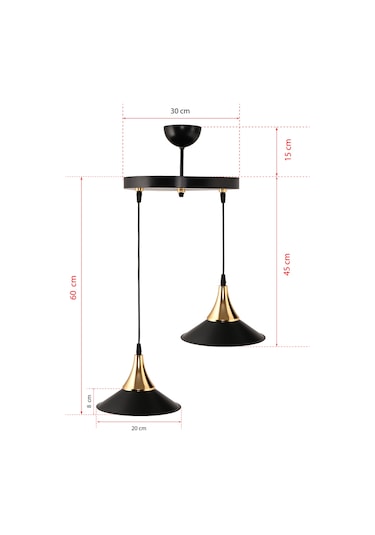 Dede İkili Embudo Tepsili Avize Gold Huni Japon Şapkalı Siyah2