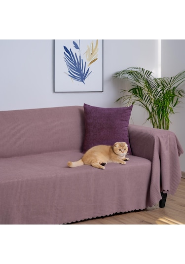 Mikrofiber Şönil Fitilli Minimalist Koltuk Örtüsü -175x350 Cm Xlarge, Çift Taraflı, Kaymaz, Terletmez Rose Rose