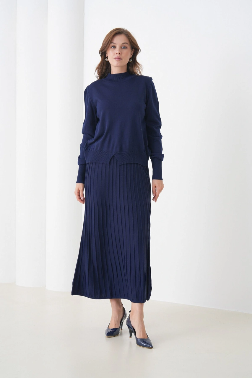 Kadın Pileli Etek Kazağı V Tasarım Tesettüre Uygun Örgü Triko Etek Kazak Takım Lacivert