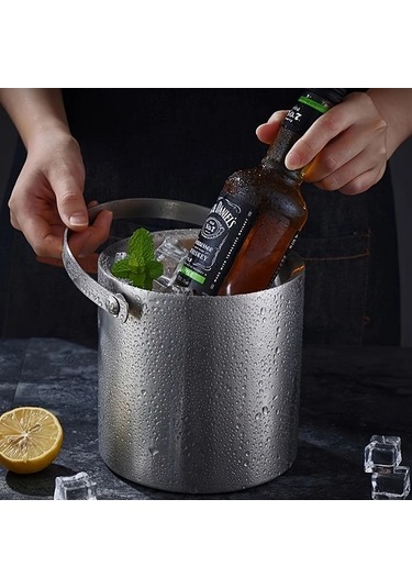 Cordial 1 Adet 3l 304 Paslanmaz Çelik Buz Kovası Kalınlaştırılmış Taşınabilir Kapaklı Çift Katmanlı Yalıtımlı Ev Bar Restoran Kullanımı Ahşap