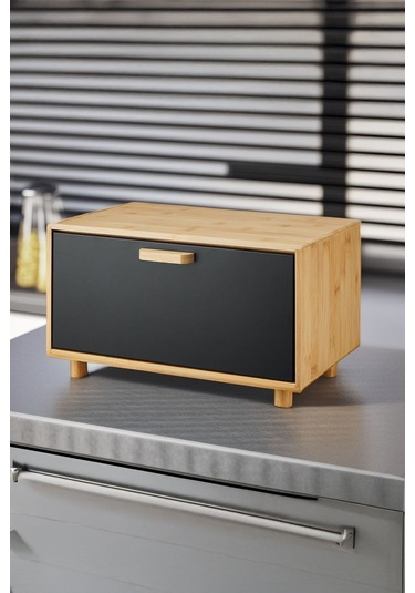 Karina Metal Kapaklı Bambu Lüks Ekmek Kutusu Ekmeklik Dikdörtgen - Siyah Siyah