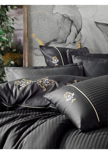 Cotton Box Brode Saten Çift Kişilik Nevresim Takımı King Antrasit