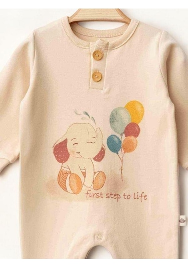 Zekids Bebek Fil Desenli Organik Tulum-15479 Krem