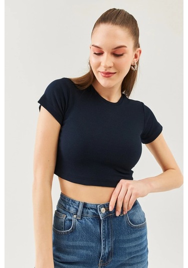 Kadın Kısa Kol Bisiklet Yaka Vücuda Oturan %100 Pamuklu Kaşkorse Esnek Crop Bluz Lacivert