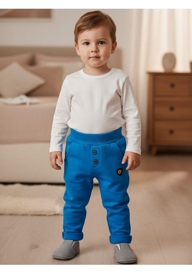 Zekids Erkek Çocuk Pamuklu Lastikli Duble Paça Eşofman Altı-16388 Mavi