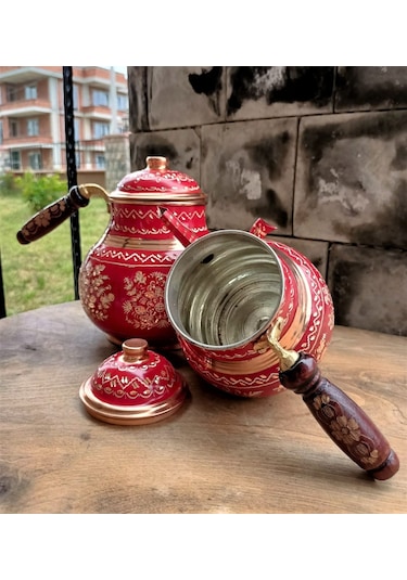 Kırmızı Seramik Boya Kaplama Gül Çiçek Bakır Çaydanlık Bakır