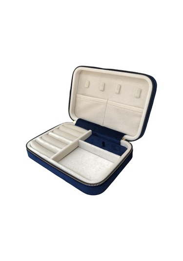 Özer Kutu Fermuarlı Deri Ahşap Kasalı Büyük Boy Takı, Seyahat Ve Mücevher Çantası Lacivert Süet 14x21 Cm