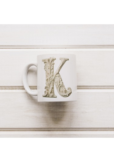 K Harfi Bardak, Monogram 330 Ml Barok Oymalı Görünüm Beyaz