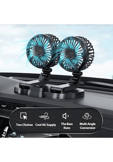 Reedark 12v/24v Arabalı Çift Başlı Usb Katlanabilir Fan - 2 Seviye Hız, 360 Döner, Sessiz Soğutma, Ön/arka Koltuk İçin Siyah Fl-111-usb
