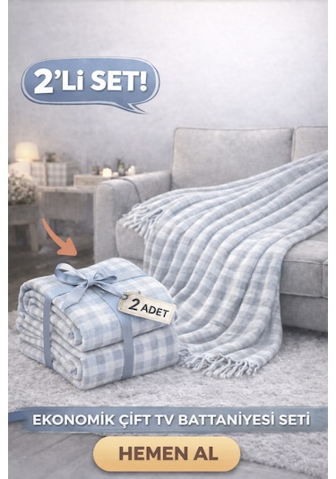 2'li Pamuklu Tek Kişilik Skoç Tv Battaniyesi 155 X 220 Cm Gri