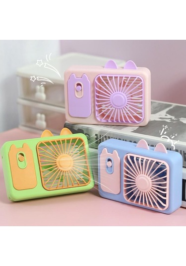 Sevimli Karikatür Yavru Kedi Kamera El Büyük Rüzgar Şarj Edilebilir Fan Standı Masaüstü Fanı Mor