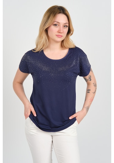 Ella Camelia Kadın Düşük Kollu Taş Süsleme Detaylı Bisiklet Yaka Bluz 24e116 Lacivert Lacivert