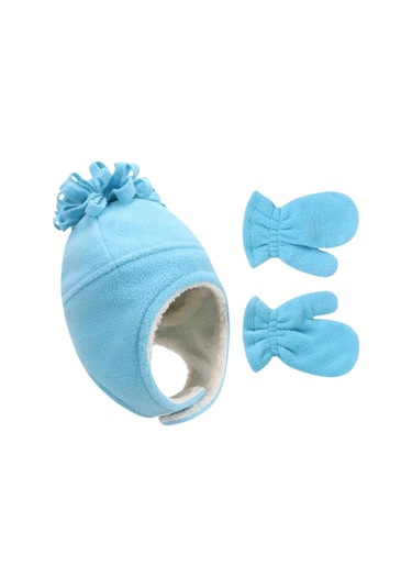 Petityu Bebek Mavisi Polar Yumuşacık Sıcacık Çocuk Bere Eldiven Set Mavi
