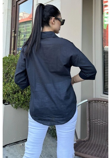 Kadın Siyah Truvakar Kol, Oval Kesim, Terletmez, Flamlı Keten Salaş Gömlek Siyah