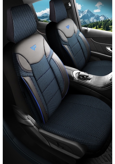 Lacivert - Siyah Panda Dragon Serisi Dokuma Kumaş Oto Koltuk Kılıfı - Tam Set