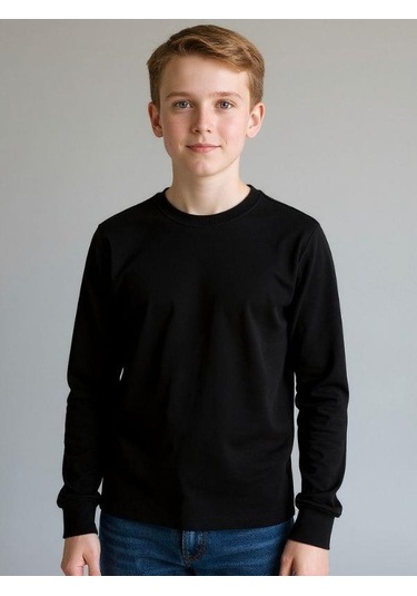 Zekids Erkek Çocuk Pamuklu Bisiklet Yaka Uzun Kollu Basic T-shirt-16775 SIYAH