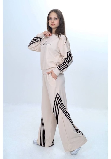 Kız Çocuk %100 Pamuk Şeritli Oversize 2 İplik Alt&üst Eşofman Takımı-305-eşt-0009 Bej