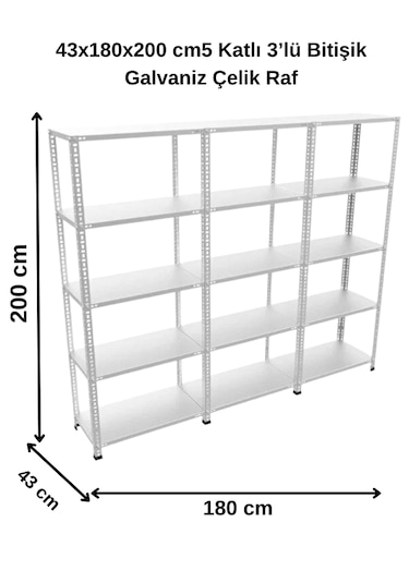 43x180x200 Cm5 Katlı 3 Lü Bitişik Galvaniz Çelik Raf. Depo, Dosya Rafı Gri