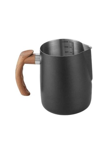 Novahub Siyah 600/1000ml Latte Fincanı, Ahşap Saplı, Paslanmaz Çelik, Süt Köpürtme Sürahi