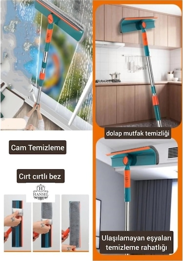 Bükülür Oynar Başlıklı Cam Silme Aparatı Teleskopik Çift Taraflı Pratik Cam Silecek.