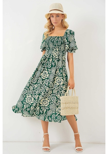 Kare Yaka Prenses Kol Önü Gipeli Yanları Yırtmaçlı Çiçek Desenli %100 Pamuk Midi Boy Viskon Elbise Yeşil