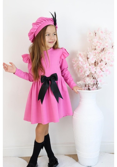 Kız Çocuk Pembe Sofia Pamuklu Fiyonk Detaylı Elbise Kep Abiye Takım Pembe