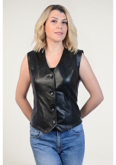 Derije Darla Hakiki Deri Kadın Siyah Yelek