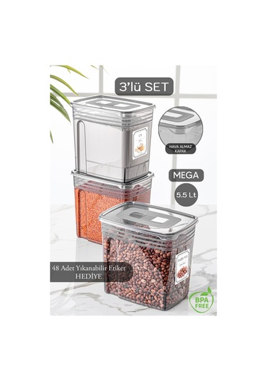 Meleni Home 3 Adet 5,5 Litre Mega Boy Lena Erzak Kabı - Kapaklı Un Ve Bakliyat Saklama Kabı - Malzeme Kutusu